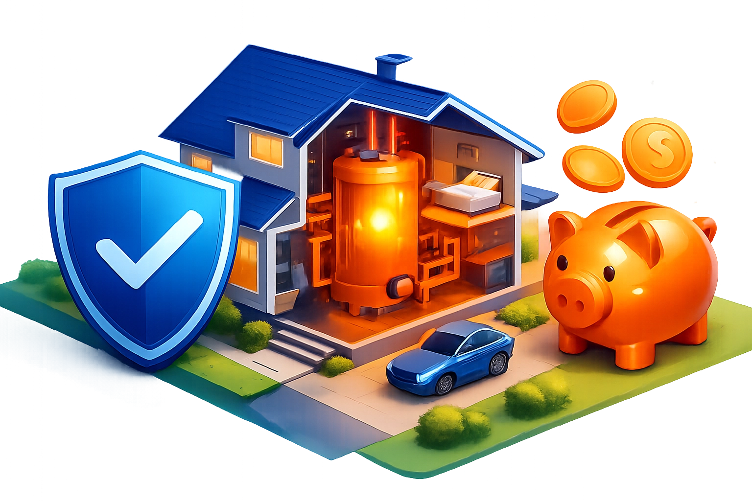 Illustration of a boiler protecting a home and saving money, emphasizing the value of annual boiler service in Farnham.