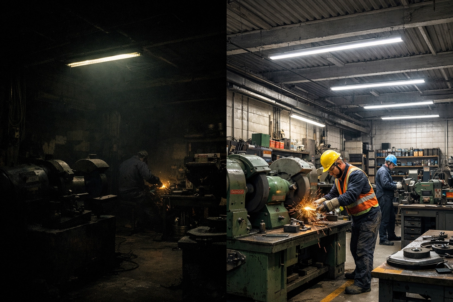 Before and after comparison of industrial grinding area with improved LED lighting for worker safety