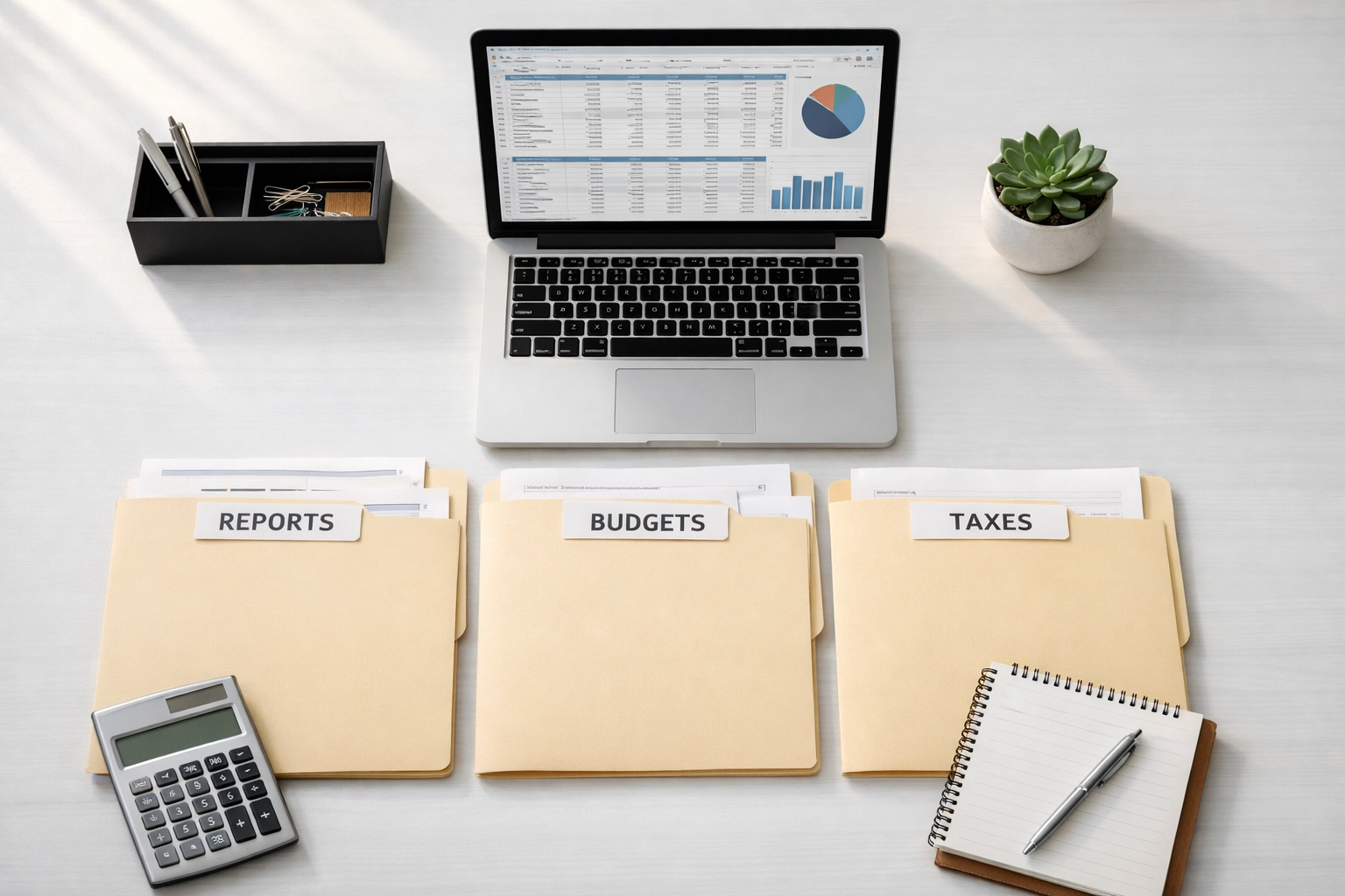 Organized desk with nonprofit financial documents and laptop showing audit-ready record management