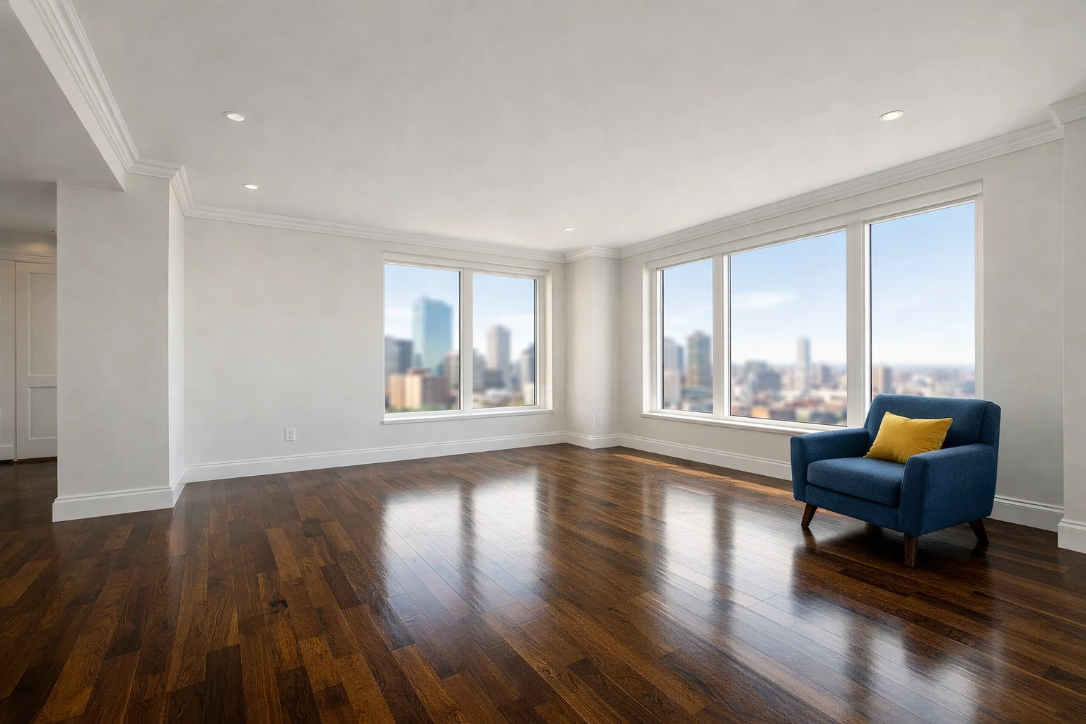 Clean, vacant Boston apartment living room with hardwood floors ready for a move-out turnover inspection.