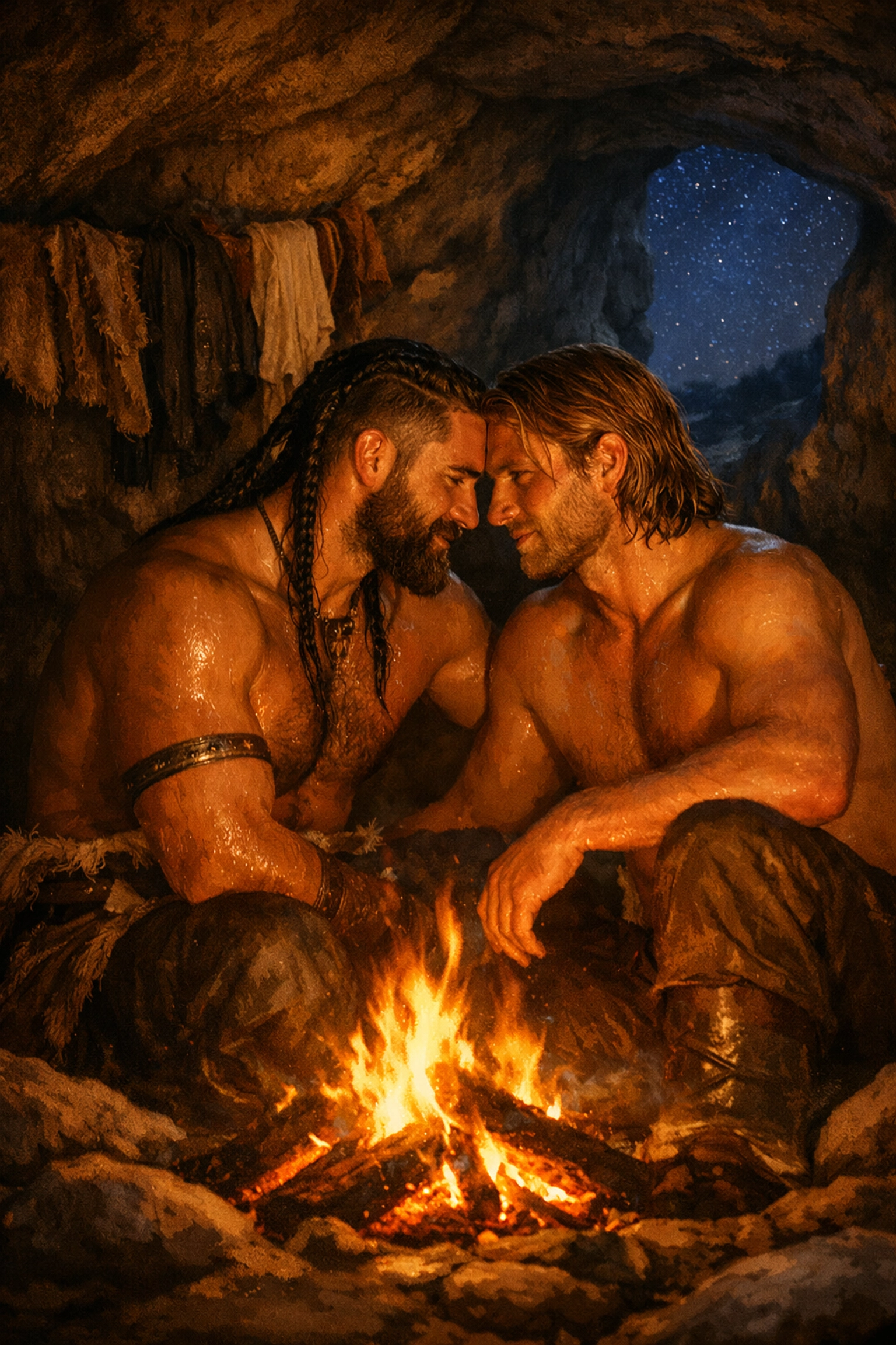 Viking warriors share intimate moment by campfire in cave, MM historical romance