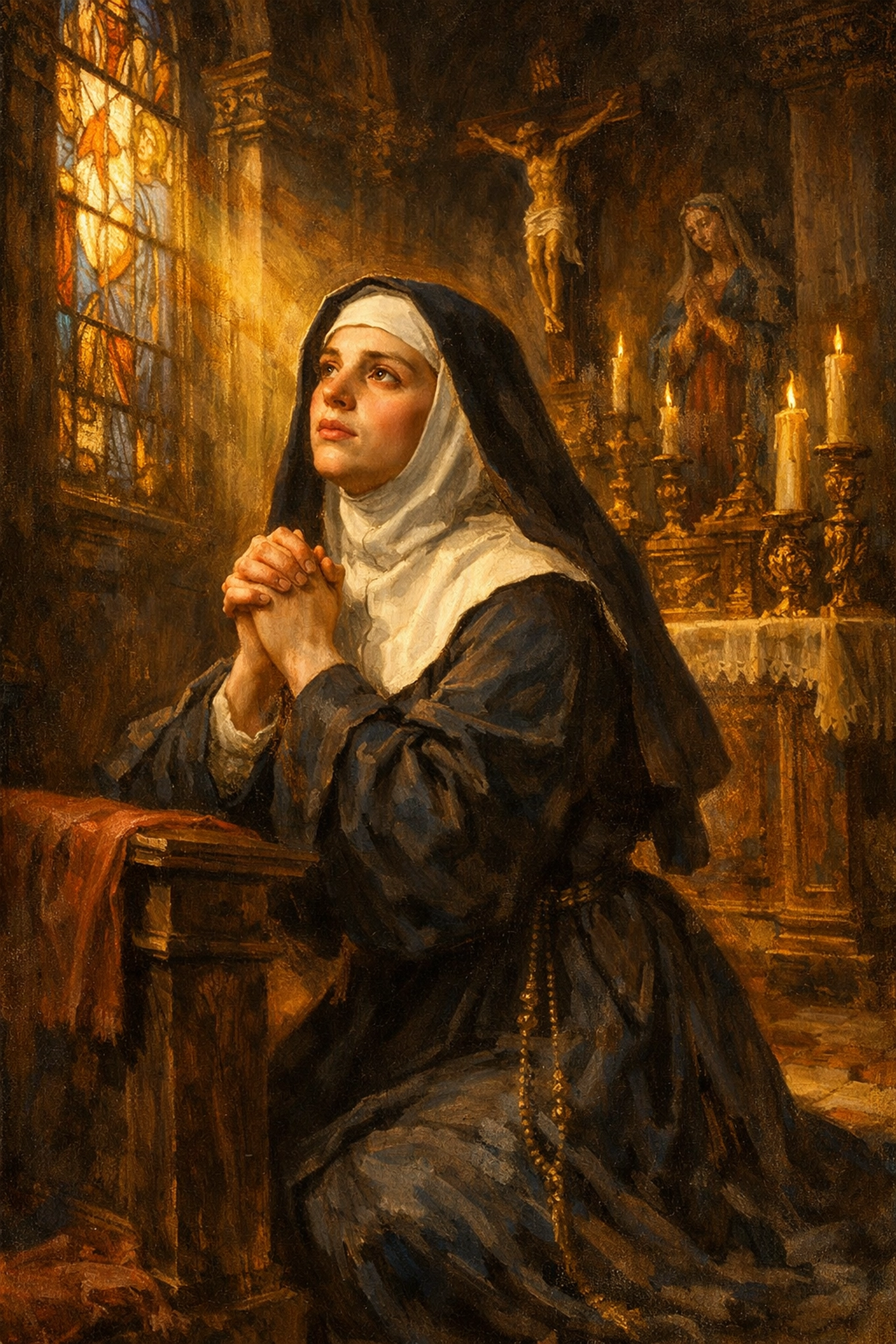 Benedetta Carlini praying in Renaissance Italian convent chapel