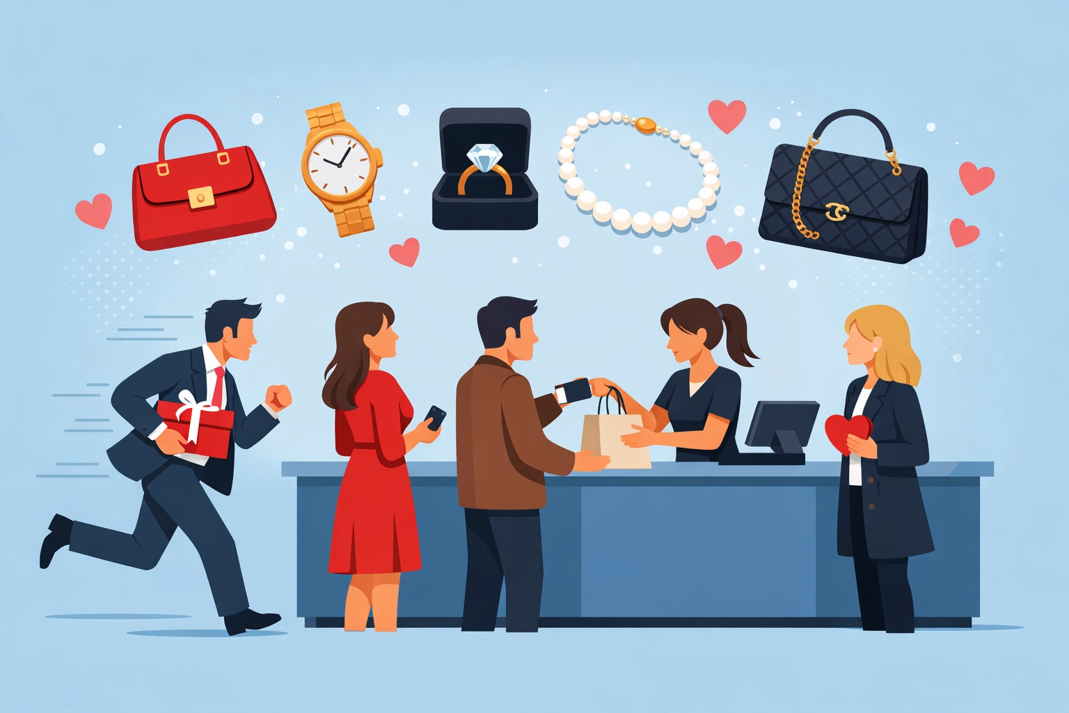 Busy resale store during Valentine's Day with customers buying luxury items