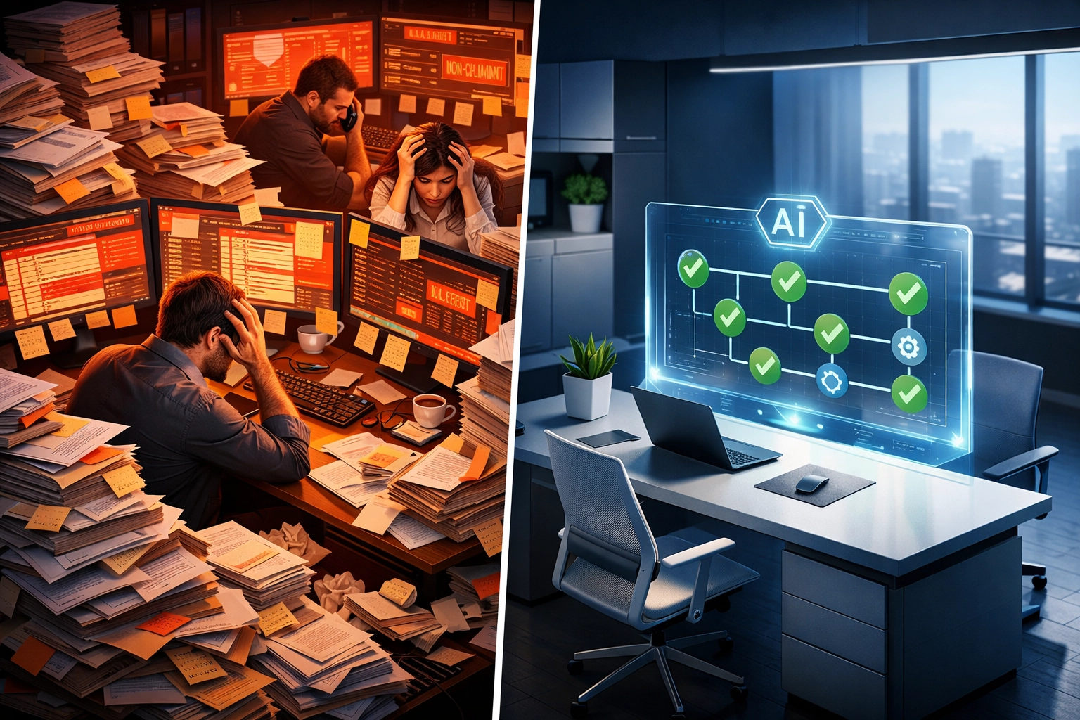 Manual compliance chaos vs automated AI workflows in ServiceNow ITOM reducing operational costs