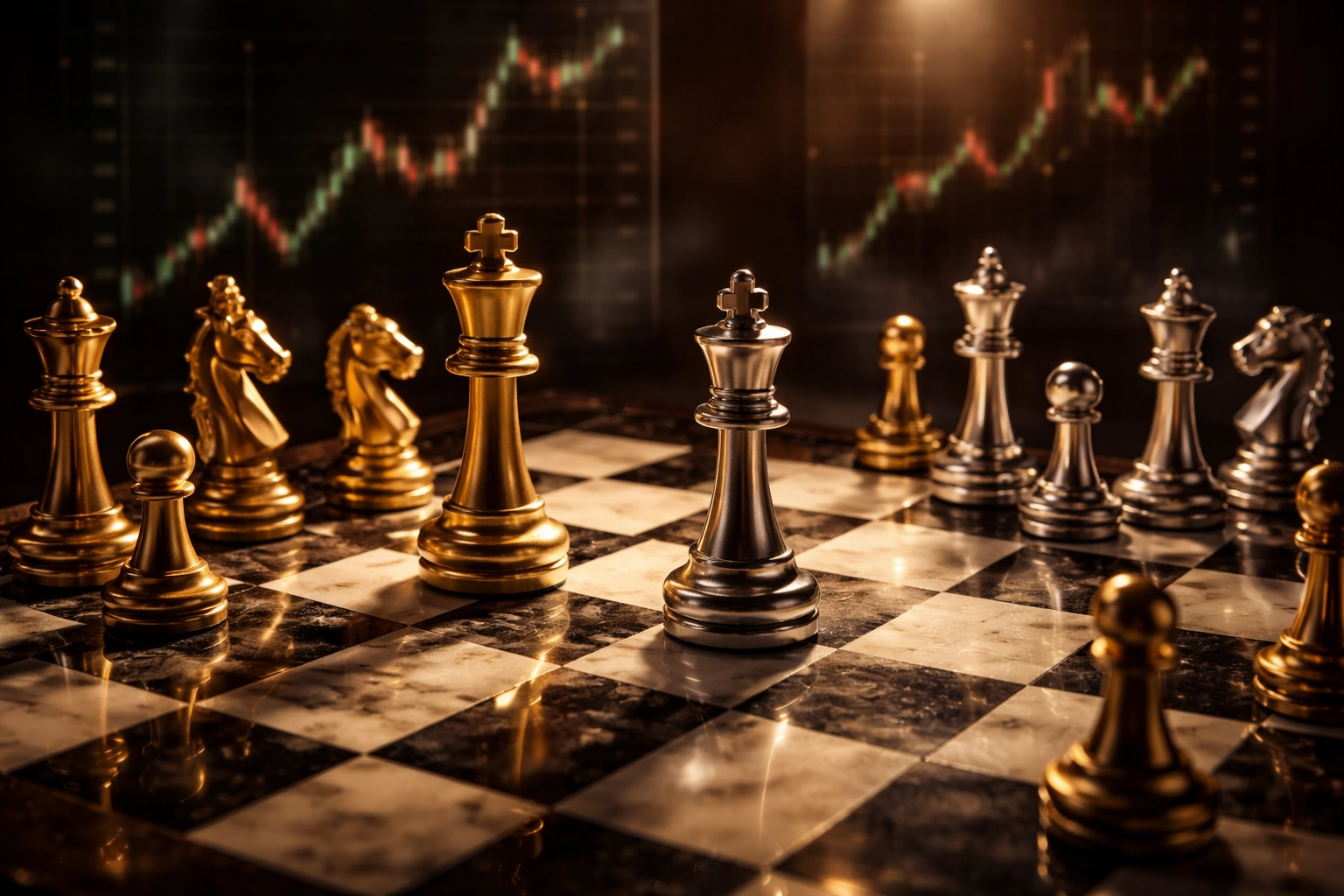 Strategic chessboard with gold and silver pieces mid-game symbolizing decision-making in hedge fund investment strategies.
