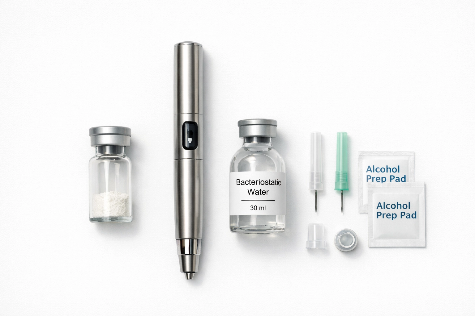Premium peptide research supplies including a storage vial and stainless steel delivery pen.