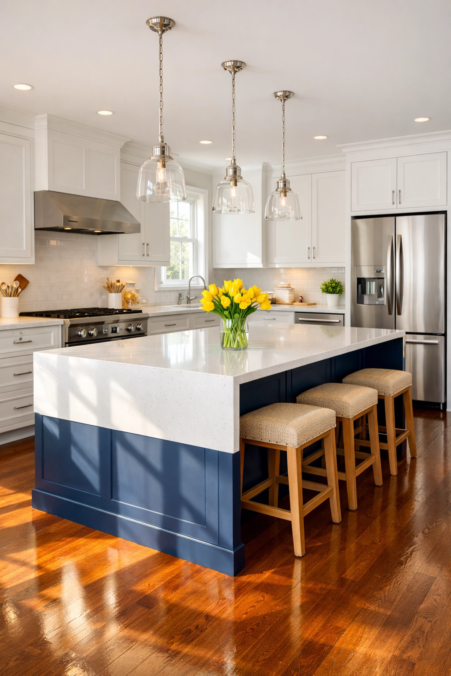 A stunning, sun-drenched Bolton kitchen featuring deep-cleaned hardwood floors and sparkling white cabinets.