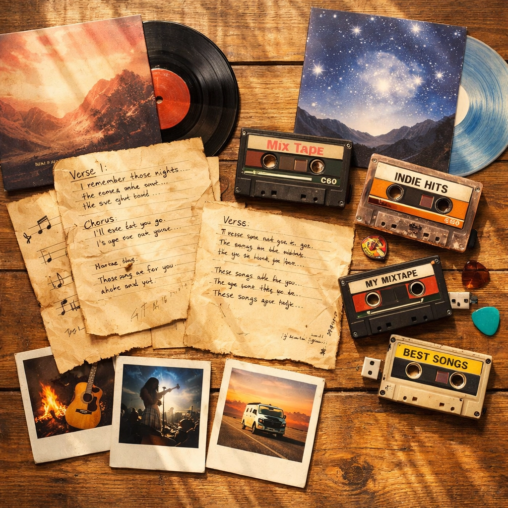 Physical music merchandise including vinyl records and cassettes for indie artists