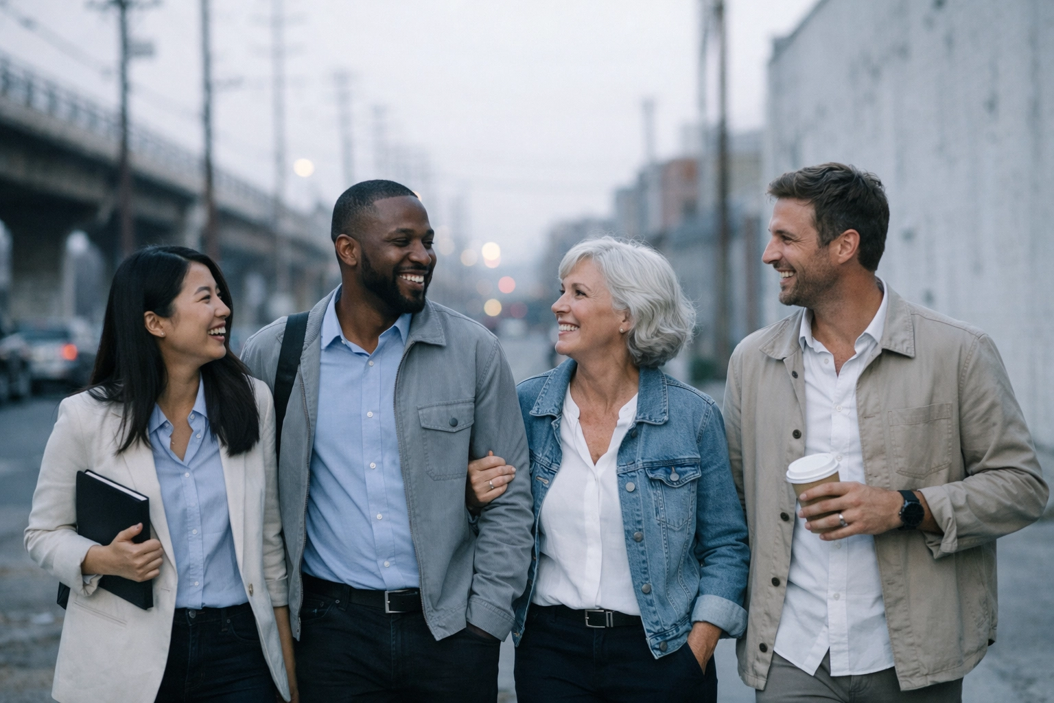 Diverse crew walking together after a meeting, authentic and hopeful