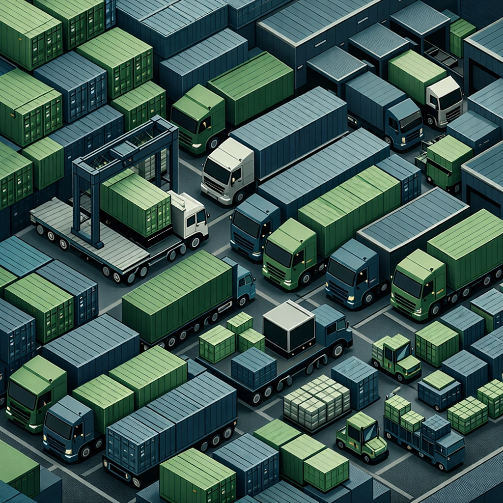 Isometric view of an organized logistics hub showing efficient management of high-density warehouse space.