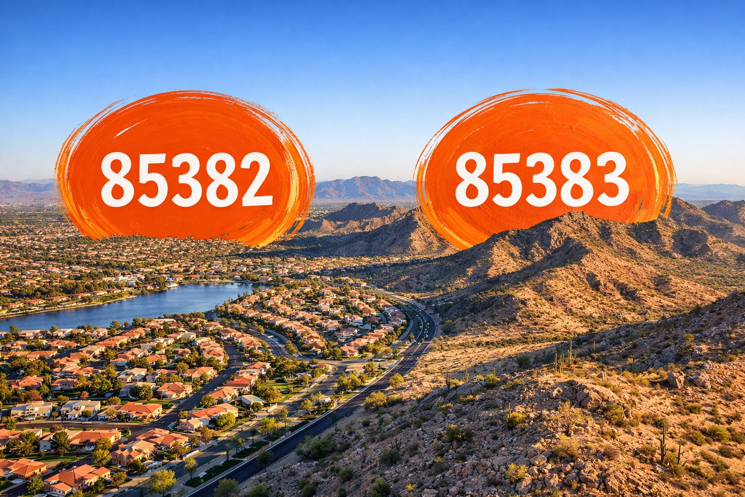 Aerial view of Peoria AZ neighborhoods and desert hills with 85382 and 85383 ZIP code highlights.