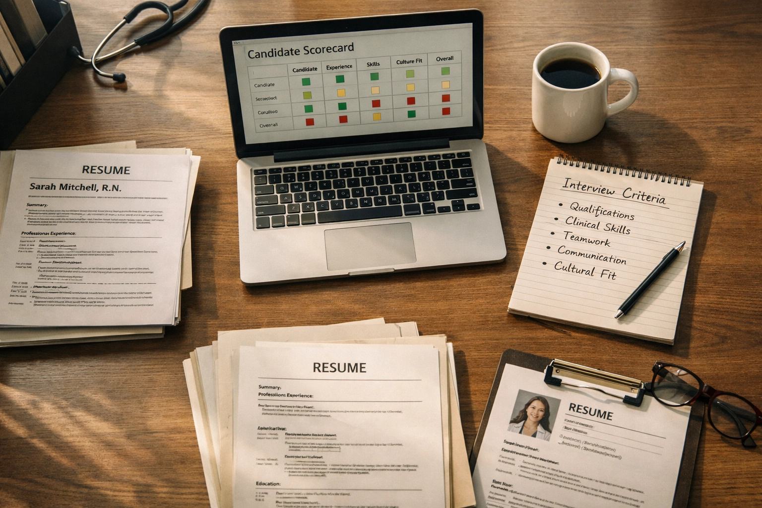 Healthcare hiring manager reviewing candidate scorecards and resumes with organized selection criteria