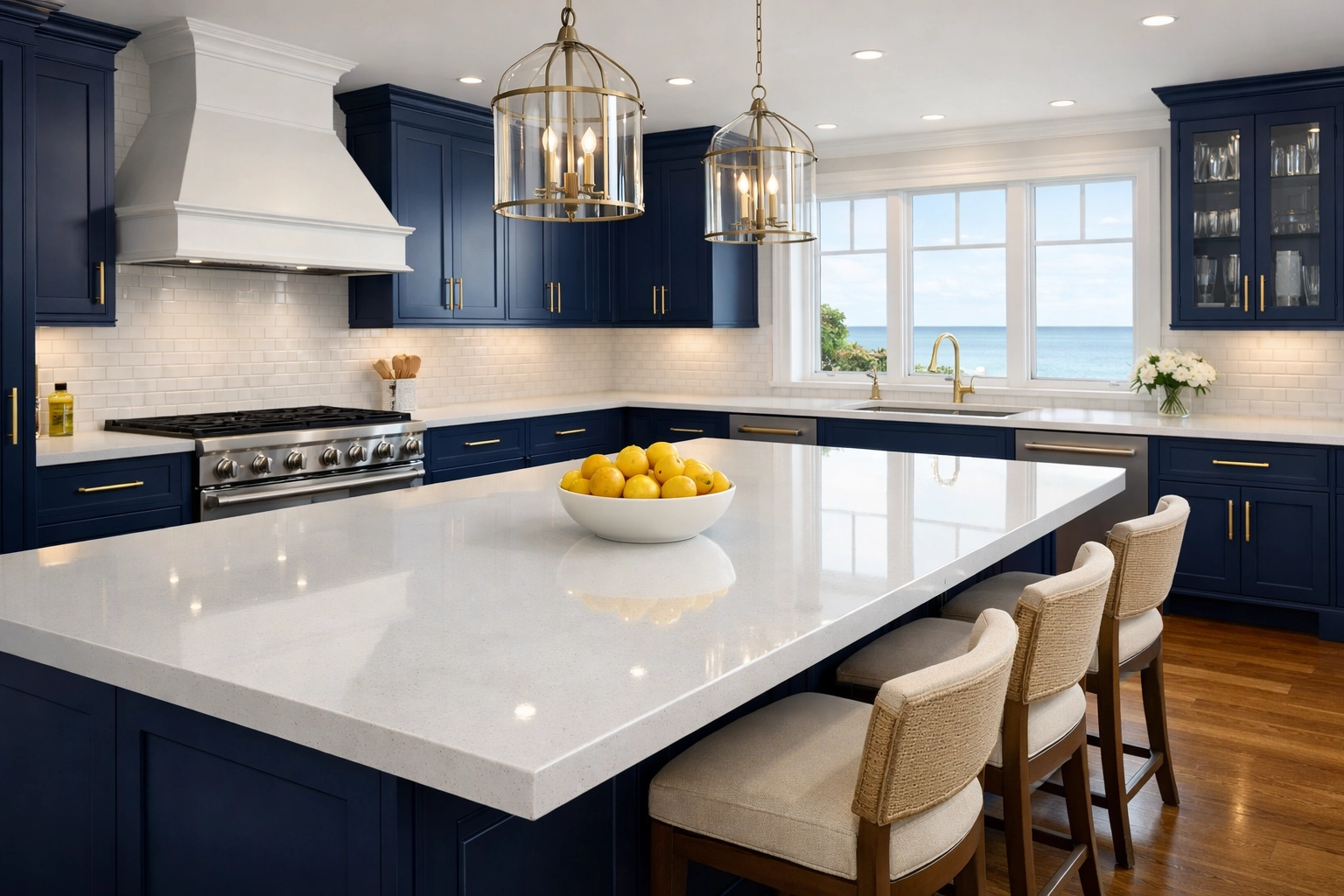 Immaculate gourmet kitchen with white quartz counters showcasing premium luxury house cleaning in Marblehead estates.