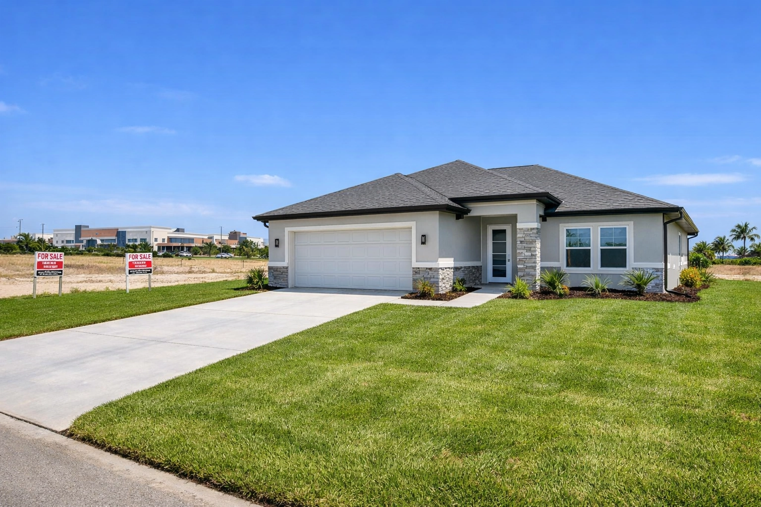 New construction home in Northeast Cape Coral with vacant lots and shopping center nearby