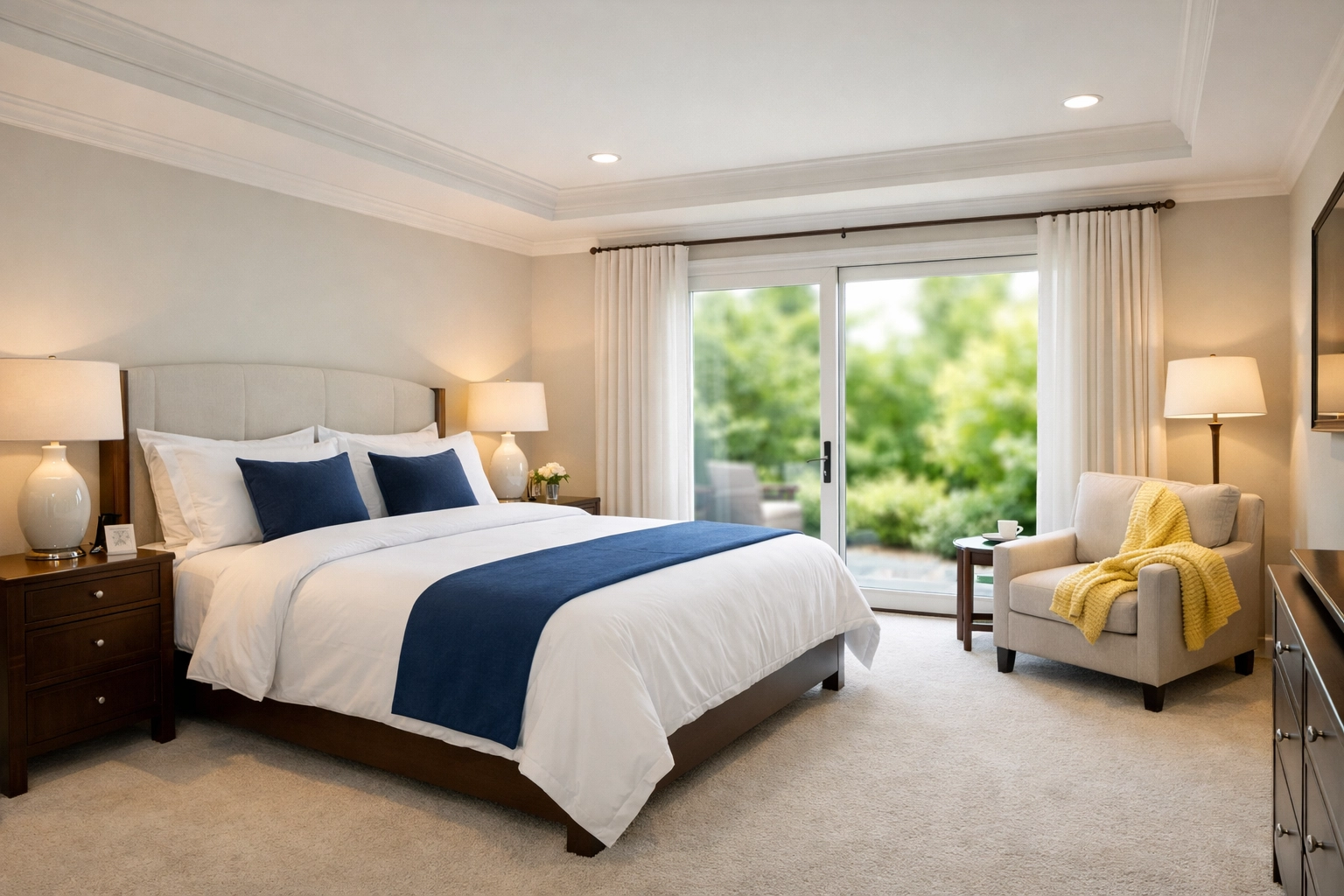 Serene master bedroom with blue and yellow accents, kept tidy and clutter-free through bi weekly house cleaning.