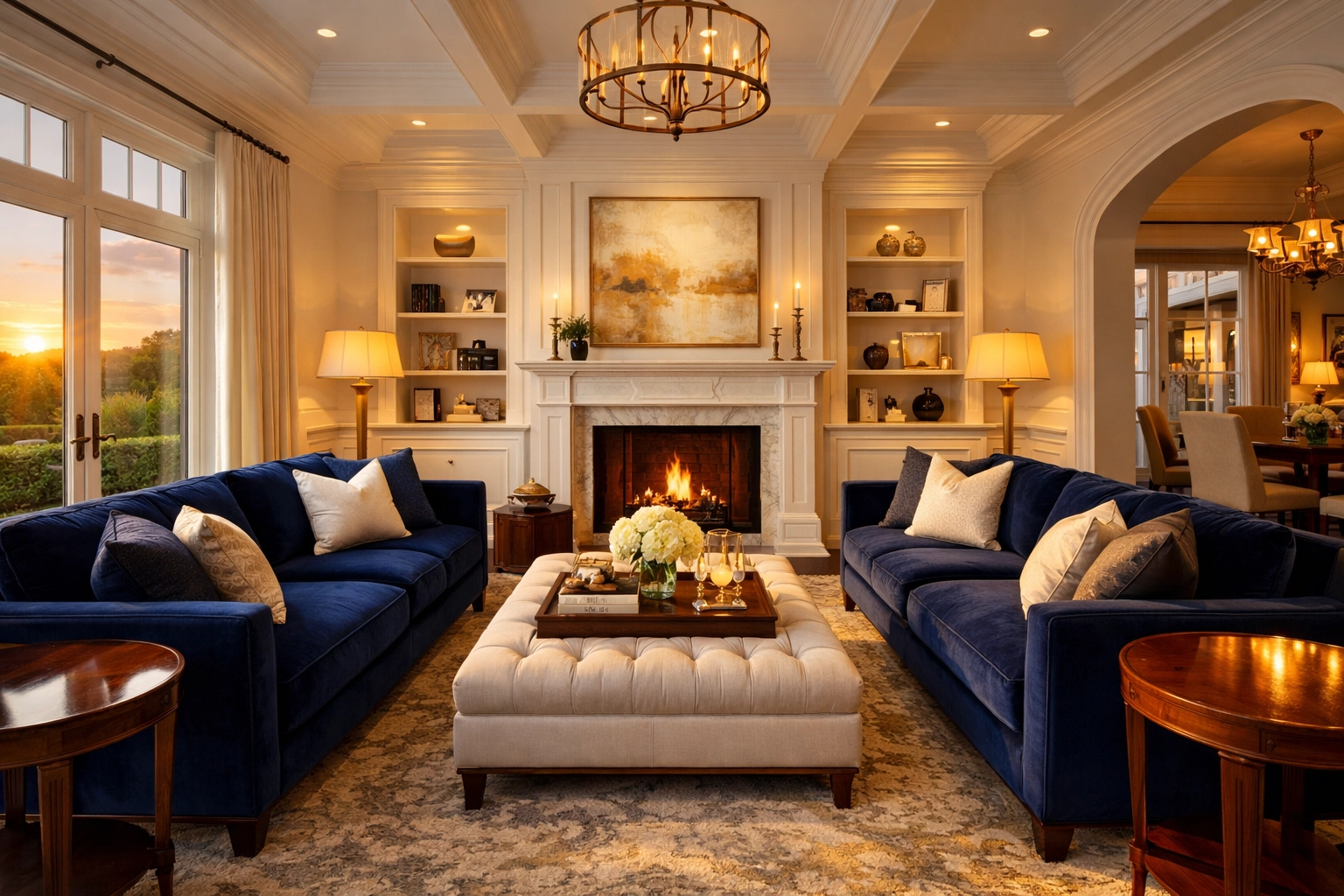 Staged luxury living room in Dover showing the results of expert residential cleaning Massachusetts.