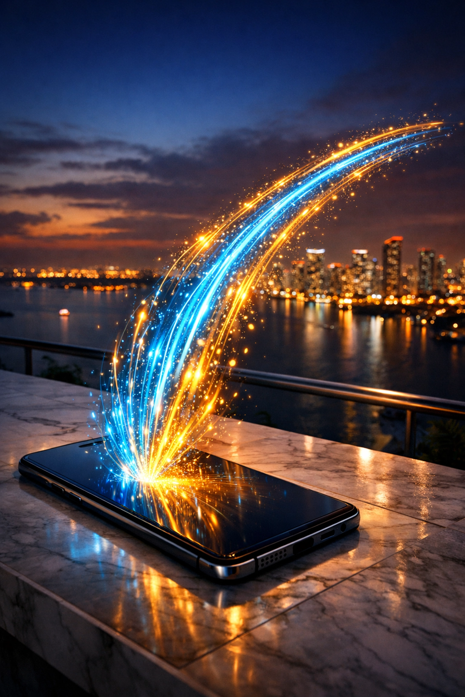 High-speed data streaming from a mobile device over the Miami skyline representing fast web performance.