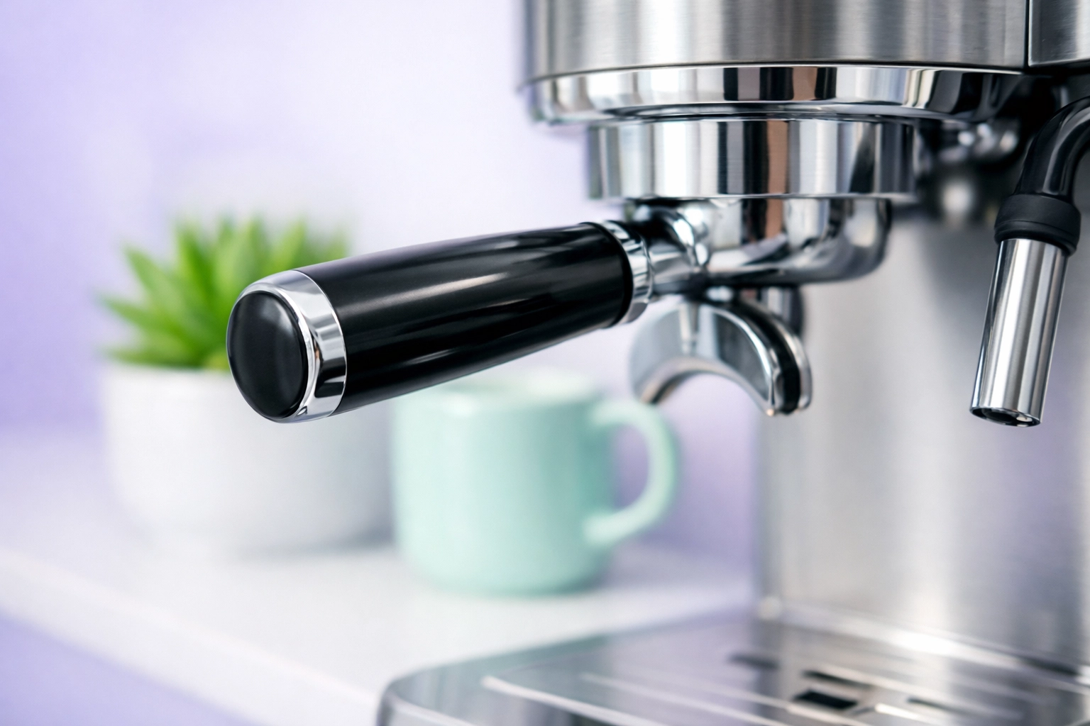Sanitized coffee machine handle in a bright office breakroom, highlighting professional high-touch disinfection.