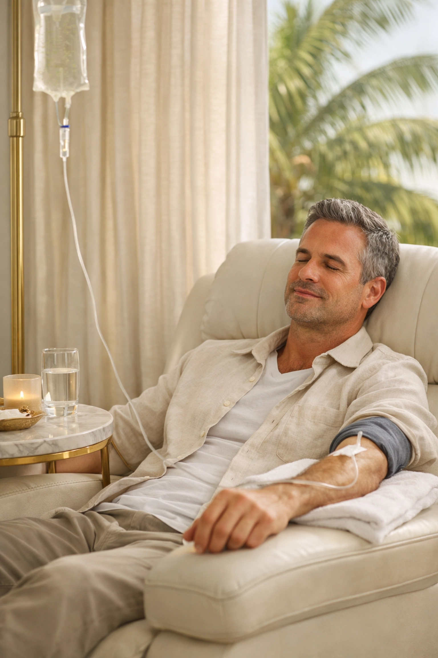 Relaxed patient receiving professional IV therapy in a serene West Palm Beach medical wellness lounge.