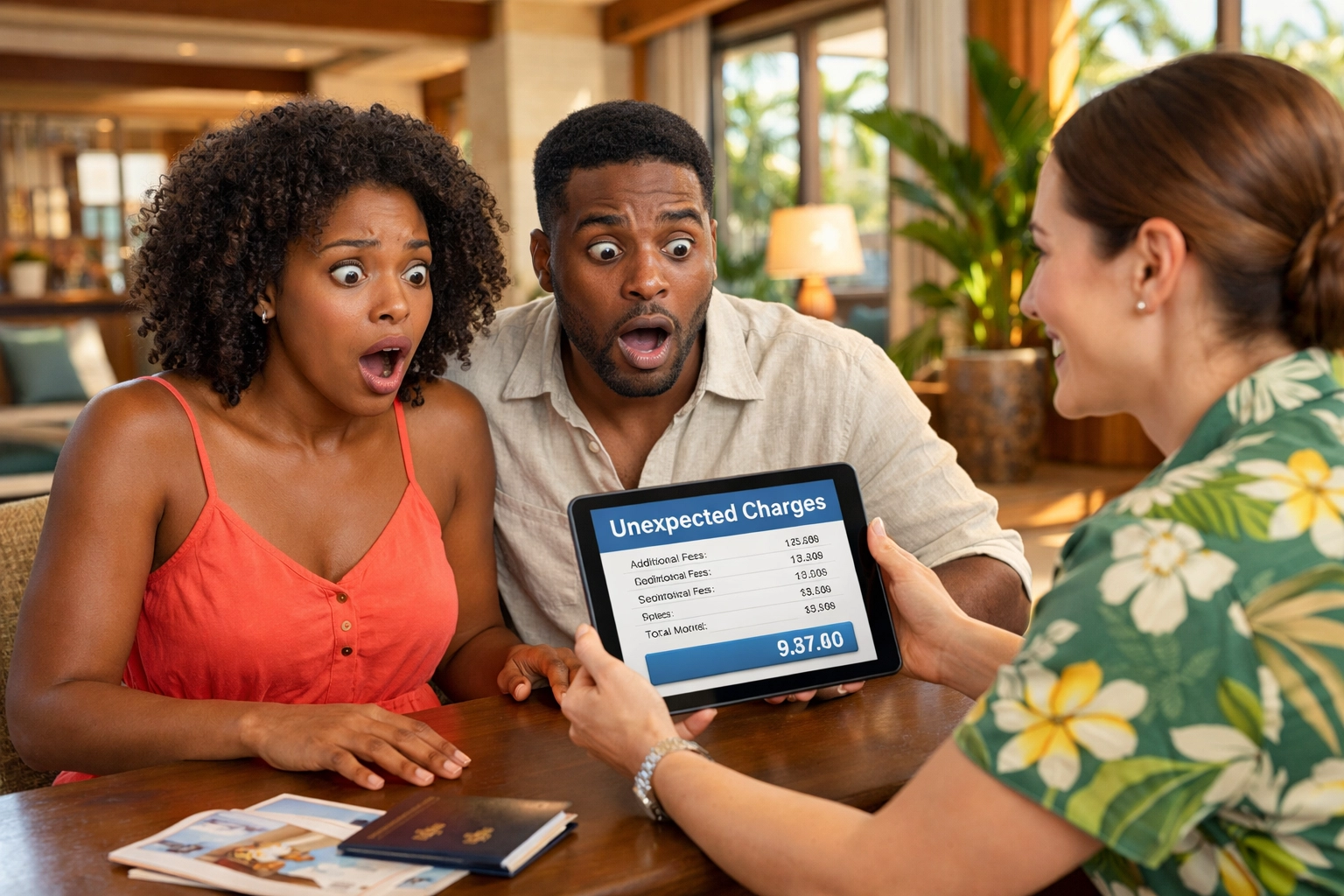 Couple discovering hidden resort fees at check-in desk during romantic getaway booking