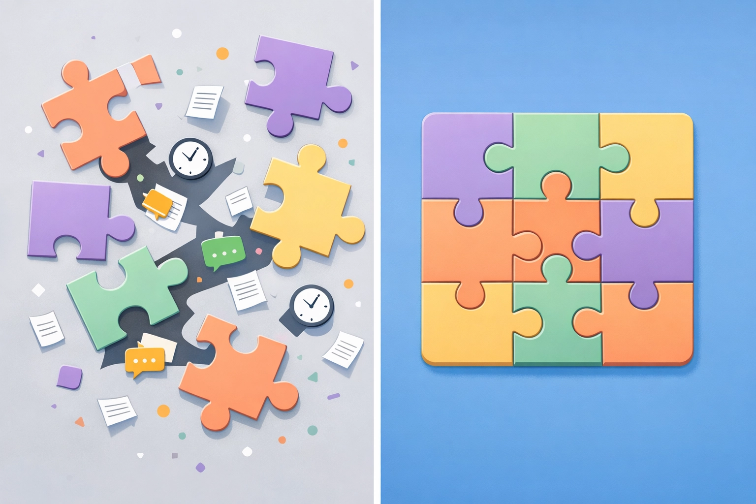 Business tools scattered versus unified: disconnected puzzle pieces transforming into complete solution