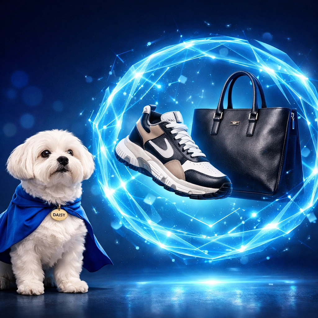 White Maltese dog protecting verified sneakers and luxury bags with professional authentication tech.
