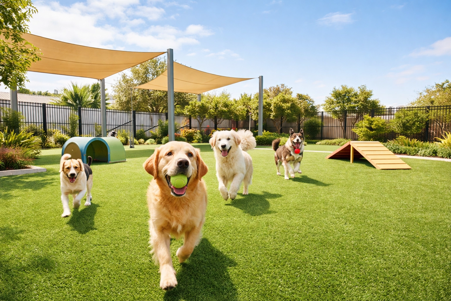 Happy dogs playing on pristine artificial turf at a pet-friendly park, showcasing Waterloo Turf’s durability and appeal.