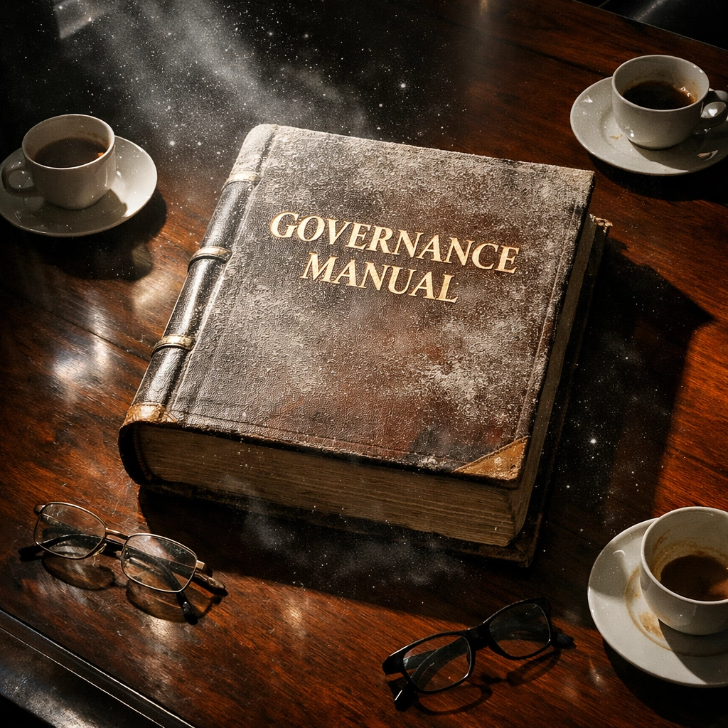 Unused complex governance manual covered in dust on boardroom table