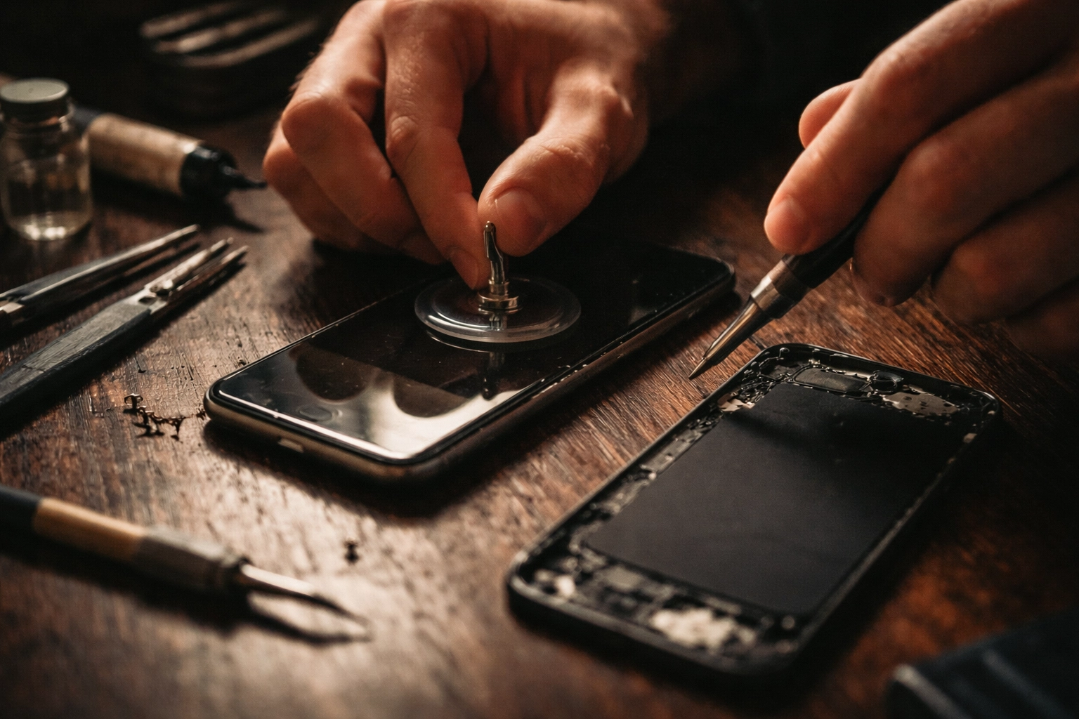 Macro close-up of hands working on iPhone glass with moody natural light and film grain, emphasizing same-day mobile repair.