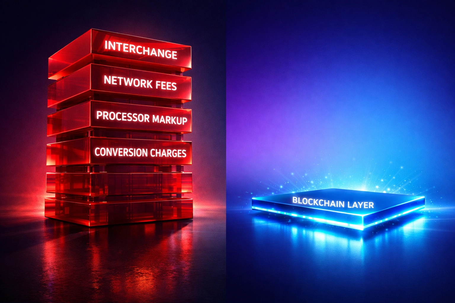 Traditional payment fee stack compared to minimal Web3 blockchain transaction costs