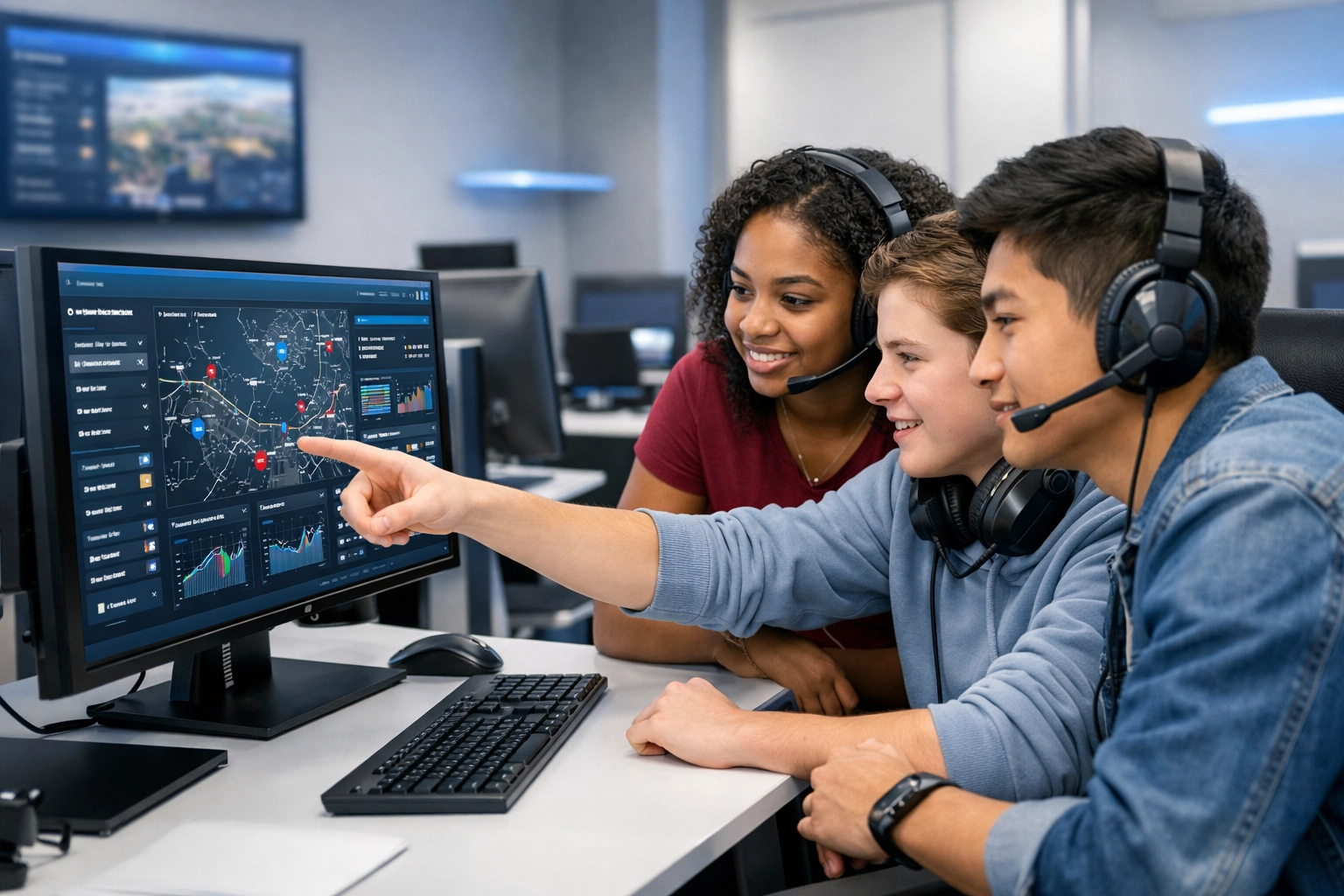 High school students learning digital literacy and strategic thinking in an advanced simulation lab esports pod.