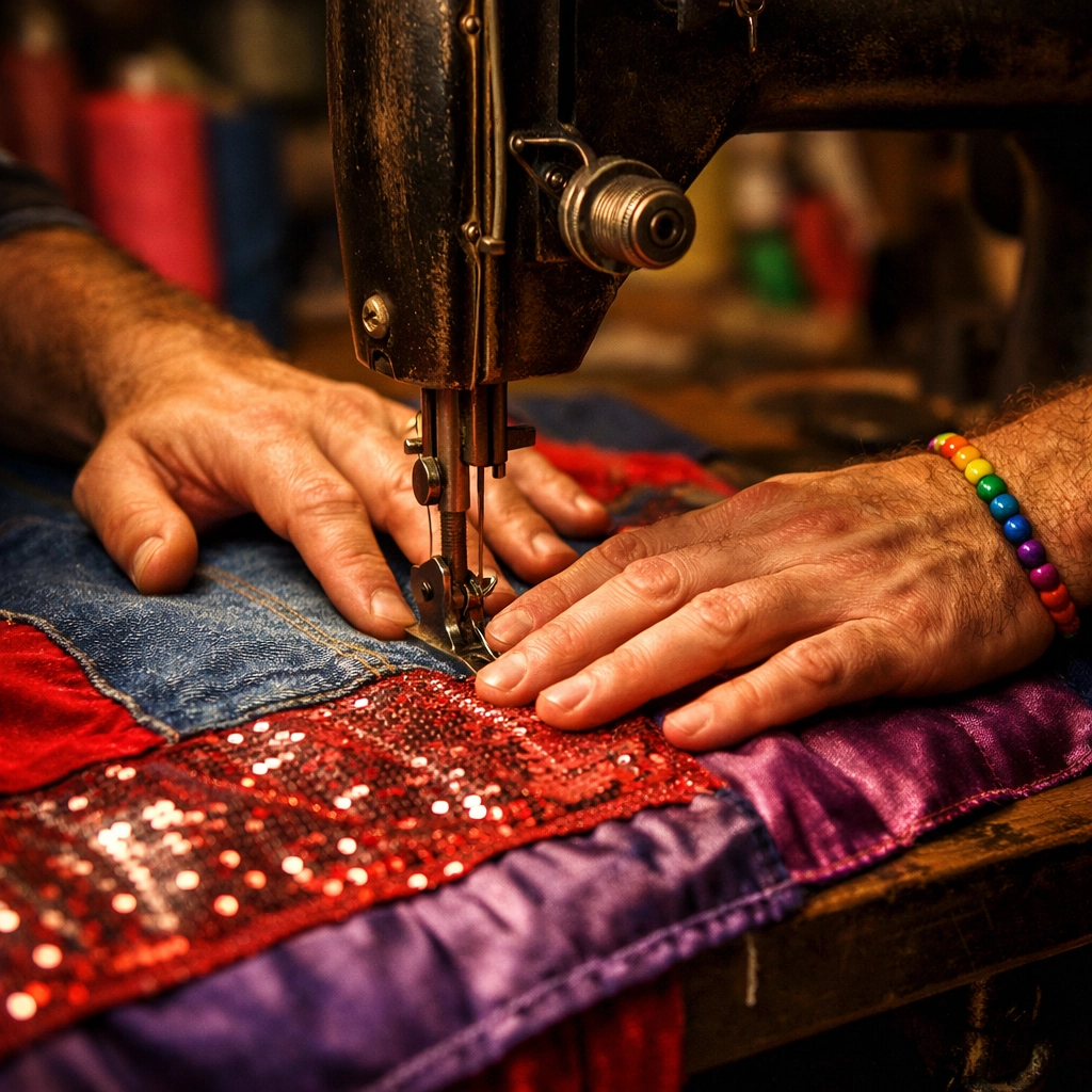 Two activists sewing a fabric panel for the NAMES Project AIDS Memorial Quilt, a piece of LGBTQ history.