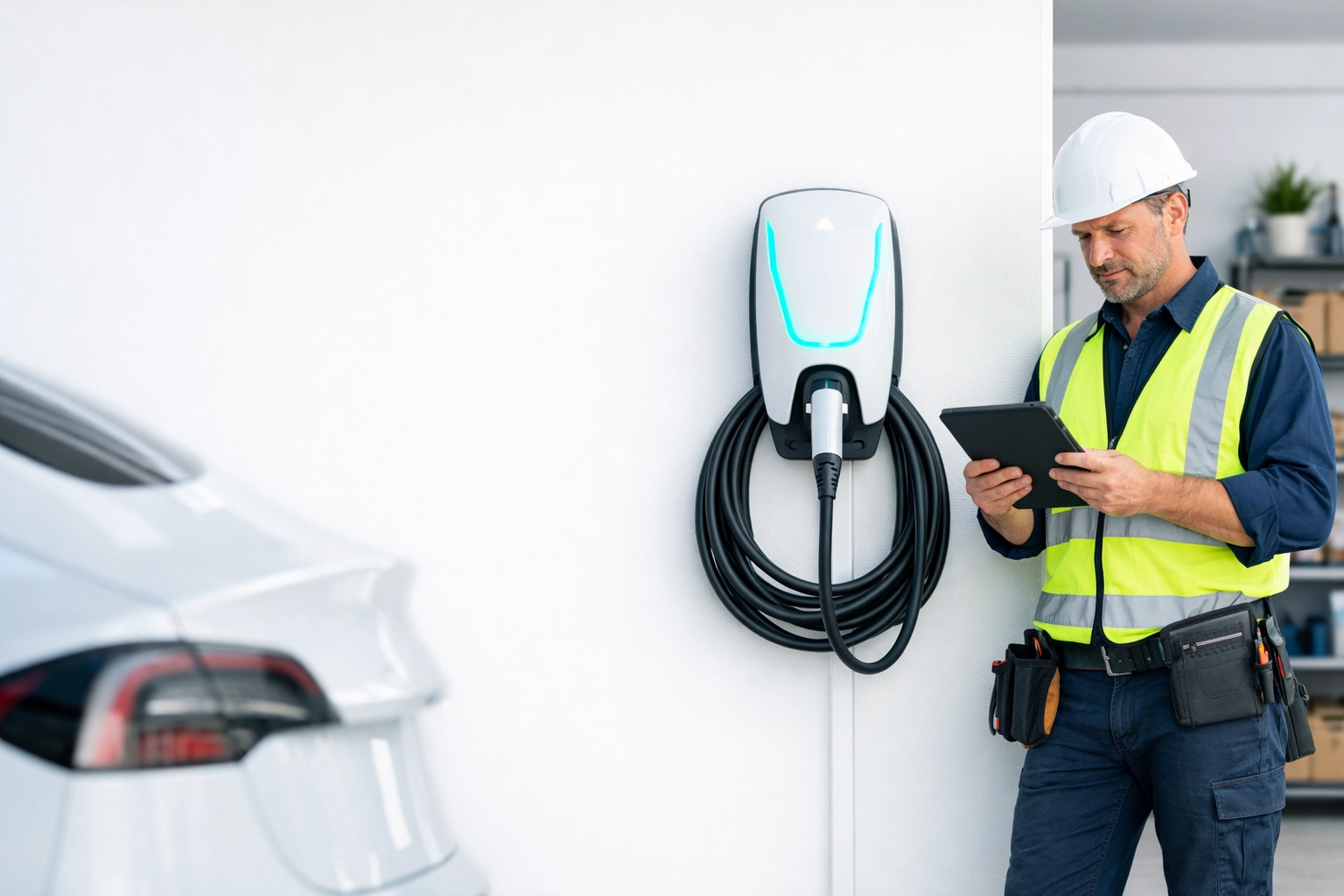 Licensed electrician inspecting Level 2 EV charger installation in residential garage