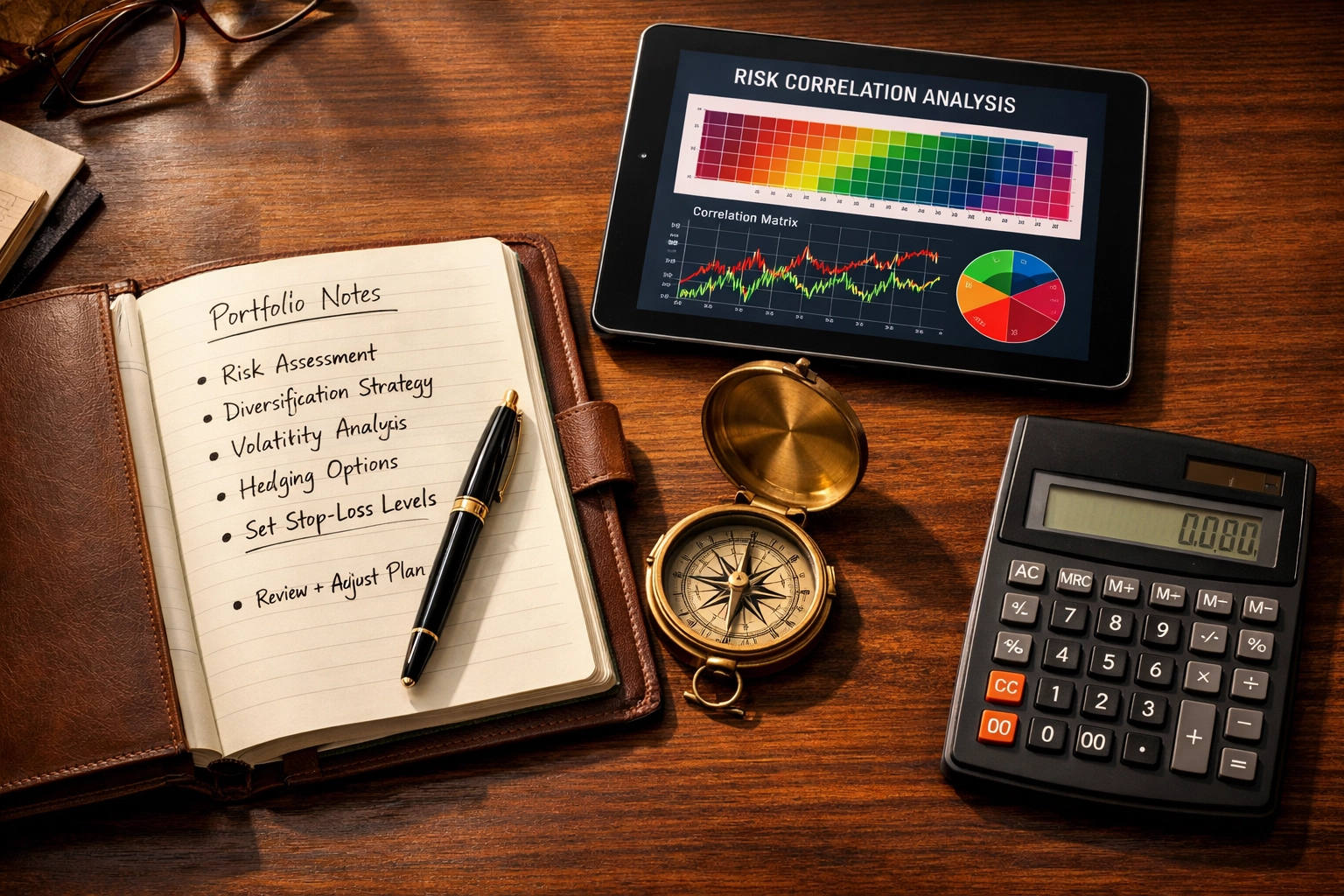 Investment desk with portfolio monitoring tools, charts, and risk management planning materials