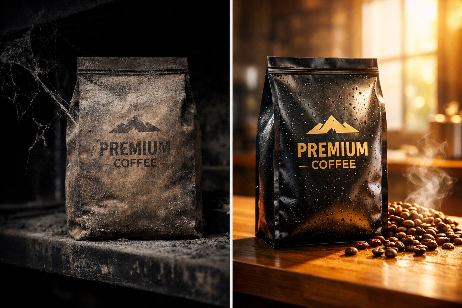 Comparison of old stale coffee bag in warehouse versus fresh roasted coffee beans
