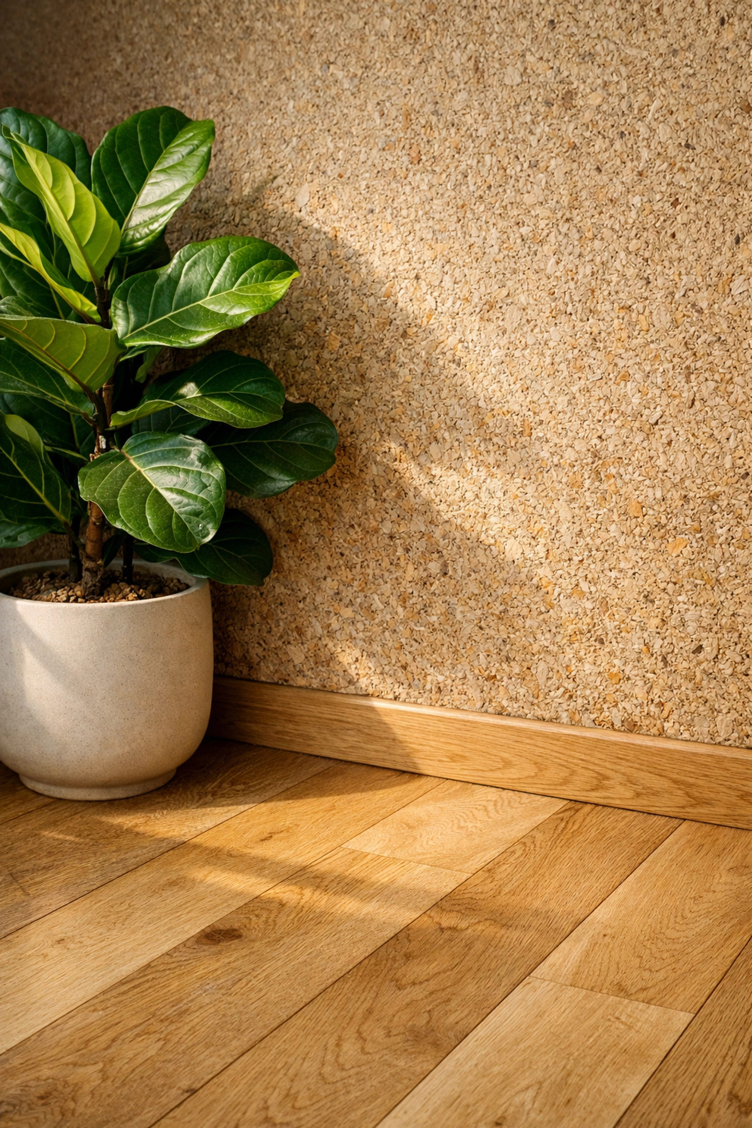 Sustainable home renovation materials including light oak flooring and eco-friendly accents.