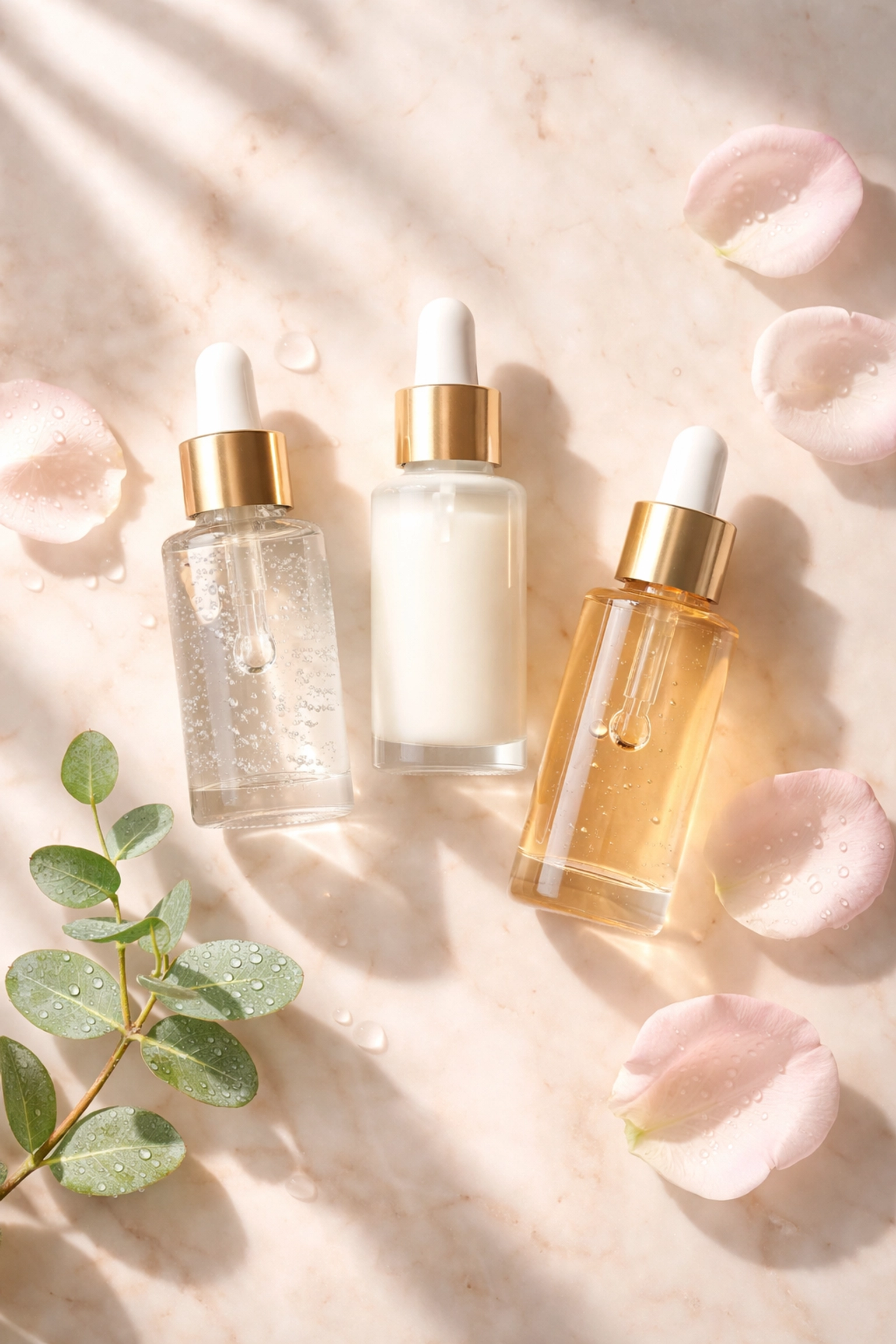Flat-lay of peptide, hyaluronic acid, and niacinamide serums for layering skincare routines