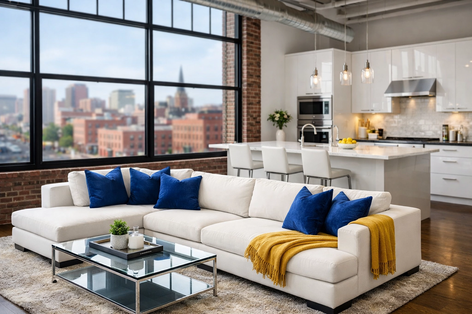 Professionally cleaned modern loft in Worcester Canal District with organized living space.