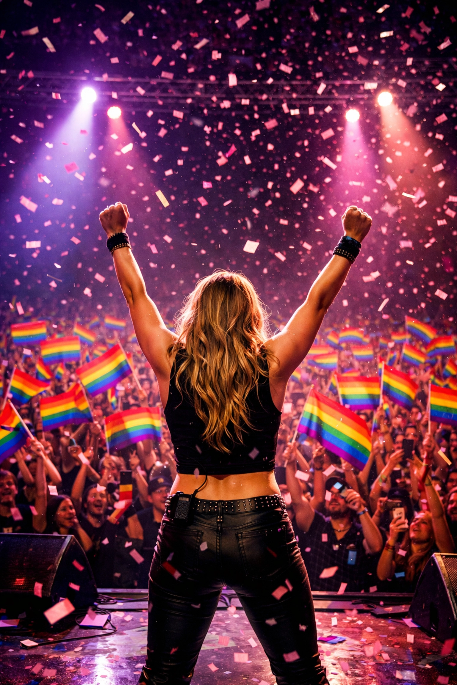 Concert performer celebrating LGBTQ+ community with rainbow pride flags and supporters