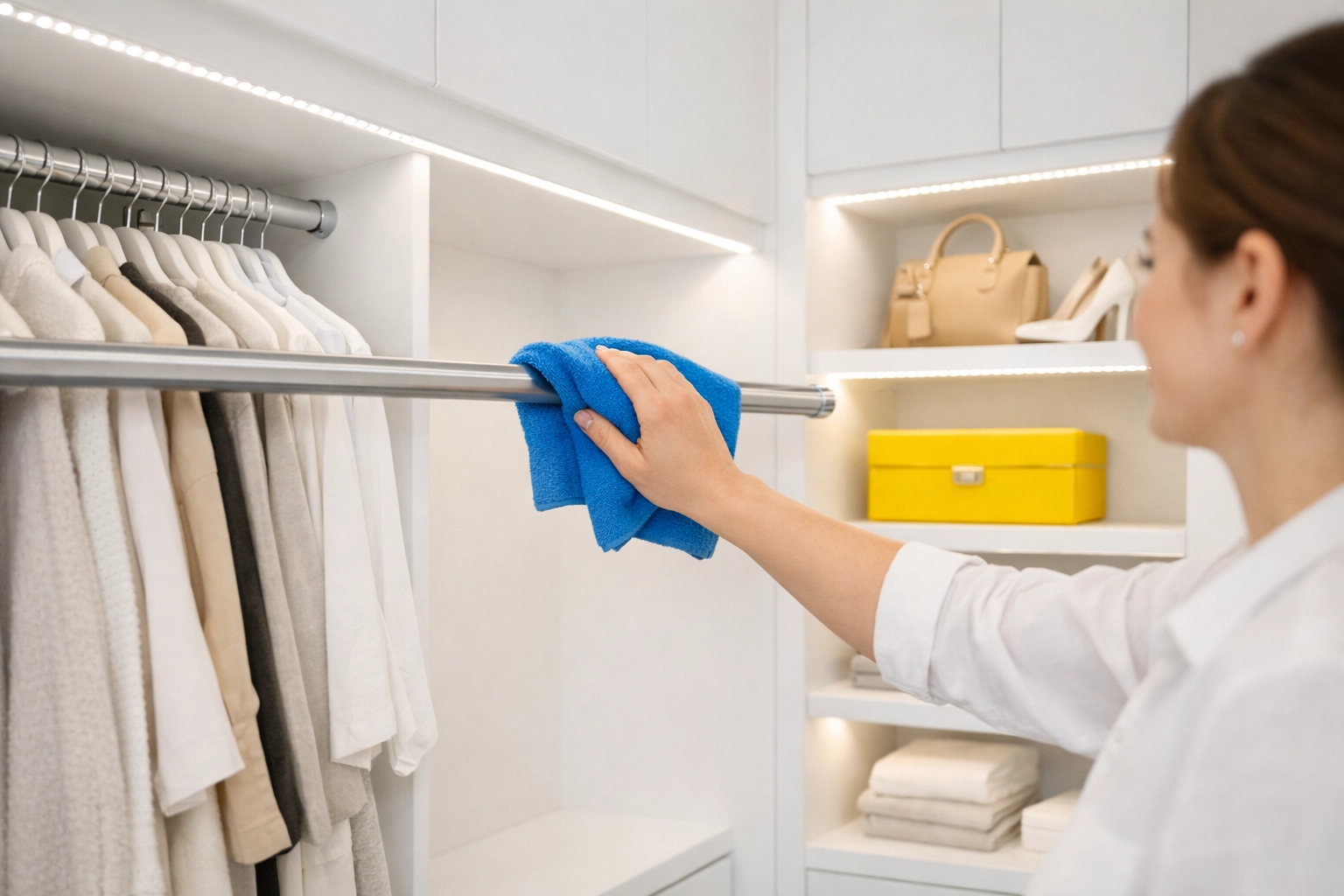 Wiping down a luxury closet rod with a microfiber cloth to remove dust while decluttering.