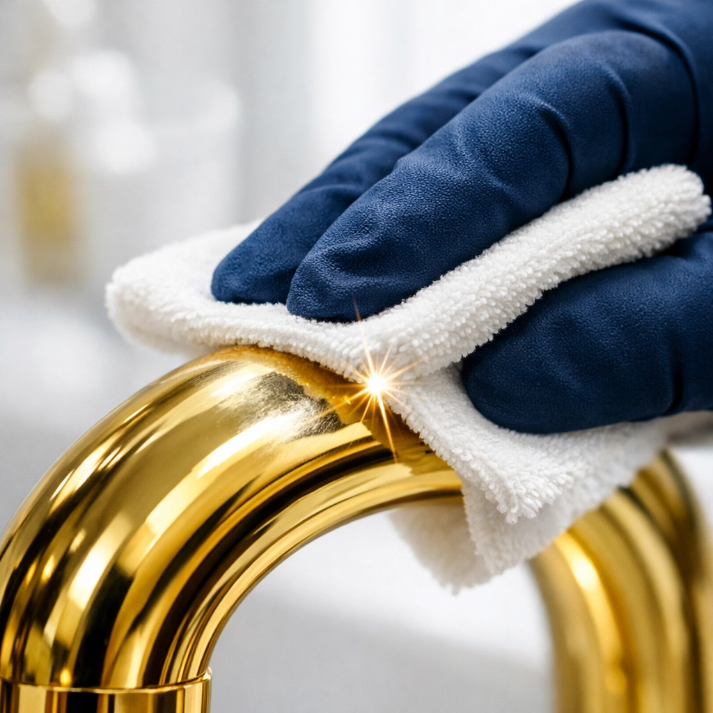 Close-up of professional detail cleaning on a bathroom fixture to create a market-ready shine.