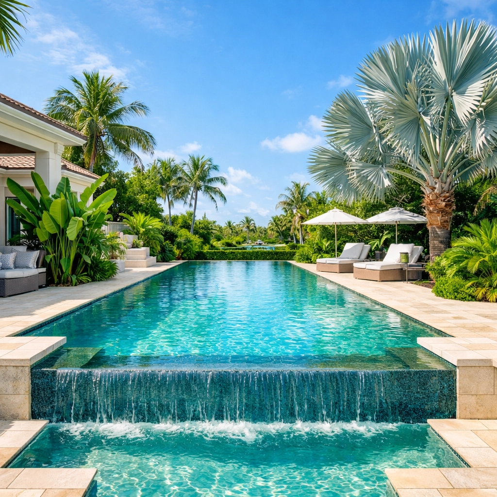 Modern Boca Raton backyard with an infinity pool and tropical landscaping requiring regular maintenance.