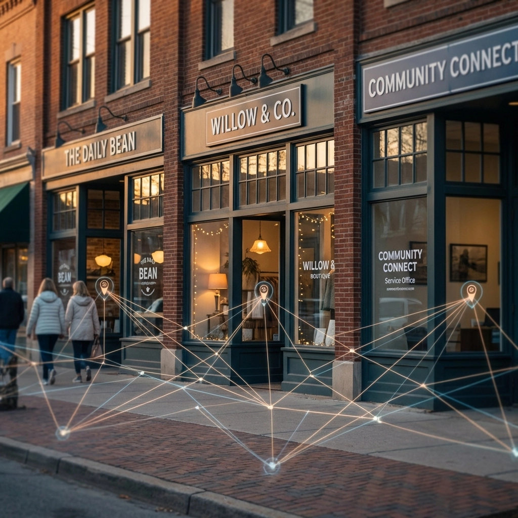Suburban main street with small businesses connected by internet, showcasing Spectrum Business budget-friendly coverage.