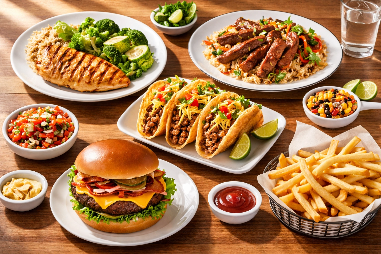 Overhead view of assorted value menu items including chicken, steak, and burgers, illustrating restaurant value wars