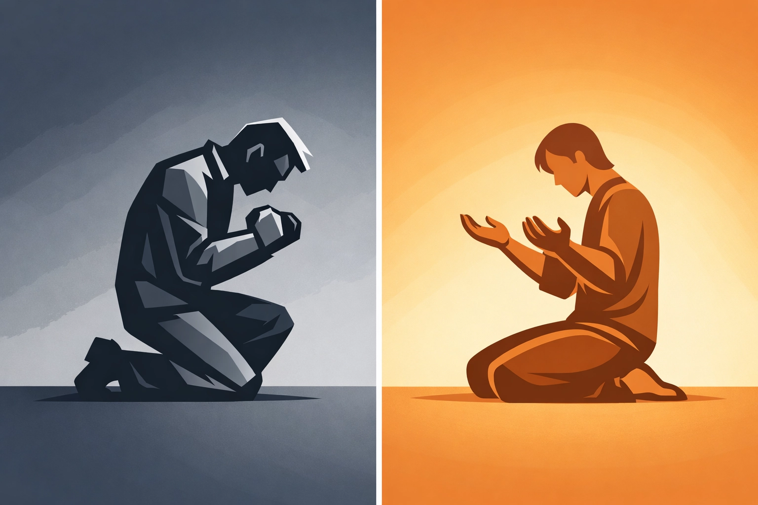 Two prayer postures contrasting demanding versus humble requesting in healing prayer