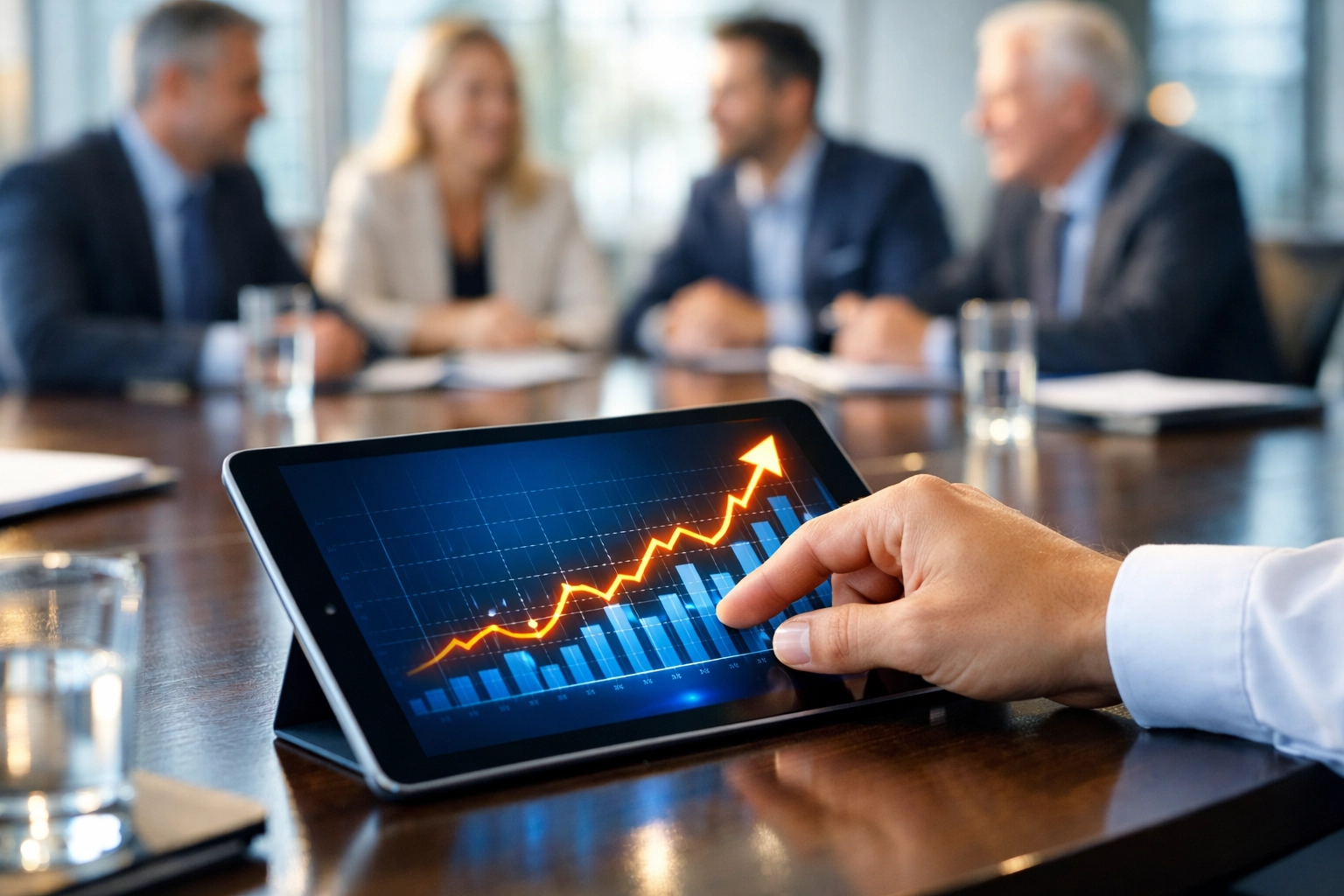 Business advisors reviewing growth charts and valuation metrics for a successful exit strategy.