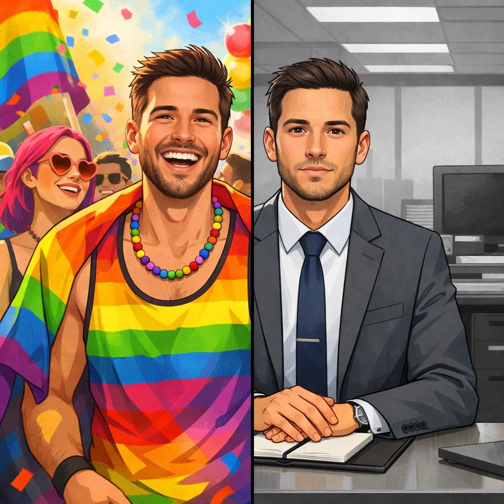 Gay man living double life: vibrant at Pride event versus subdued in corporate office setting