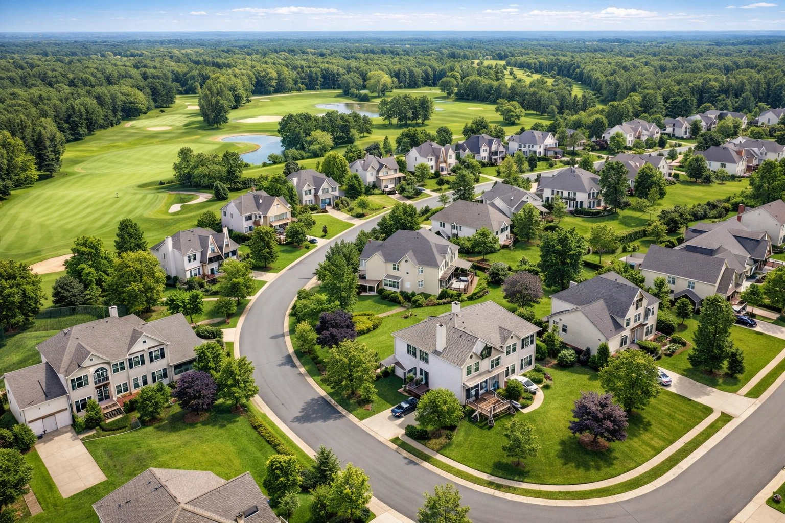 Aerial view of a suburban Charlotte or Waxhaw neighborhood featuring spacious single-family homes