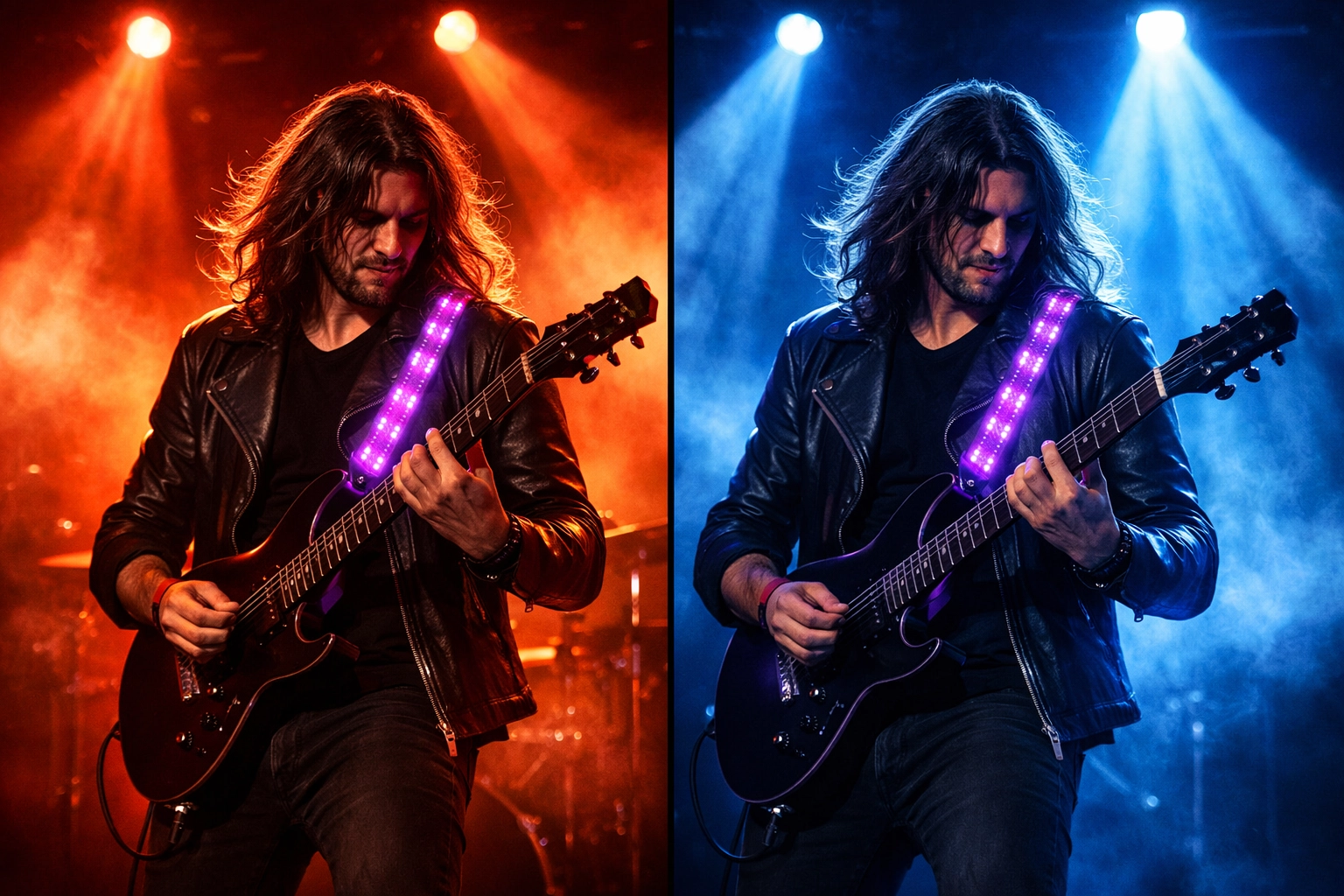Purple LED guitar strap glowing under red and blue stage lighting showing color visibility