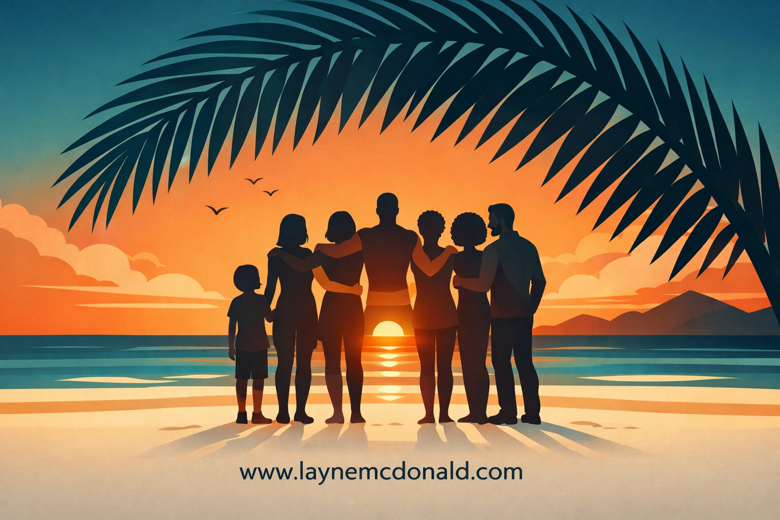 Silhouettes of a diverse family on a tropical beach representing the power of Ohana and loyalty.